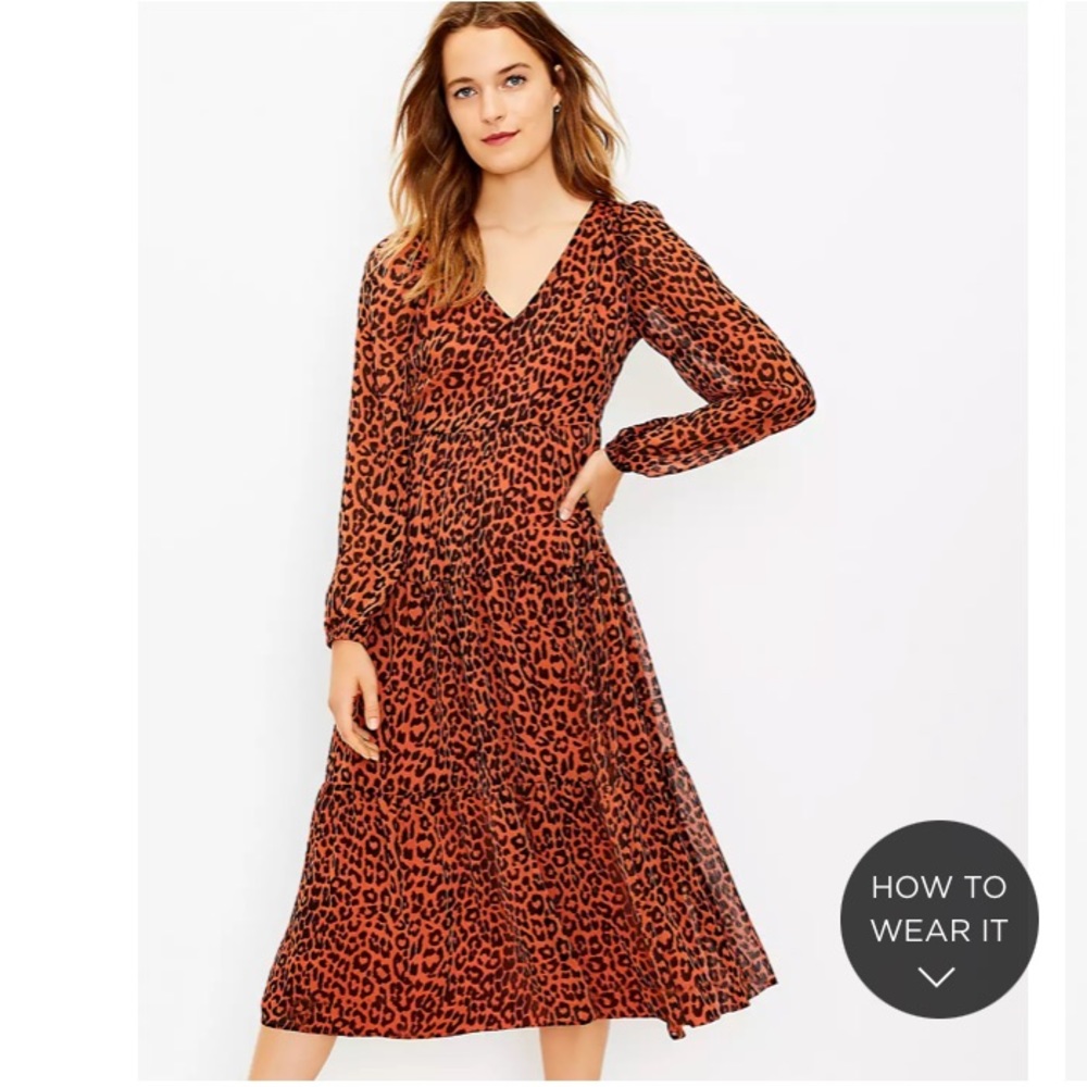 NWT LOFT Women's Leopard Print Tiered V-Neck Midi Dress